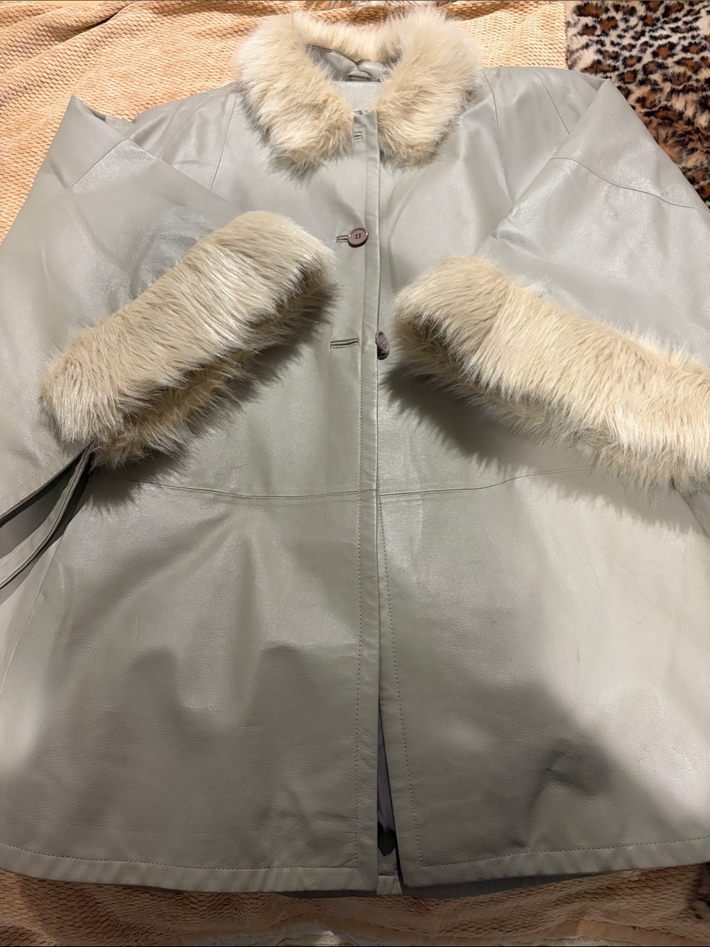 Light Gray Leather Cape with Beige Faux-Fur Trim cape by Midnight Velvet